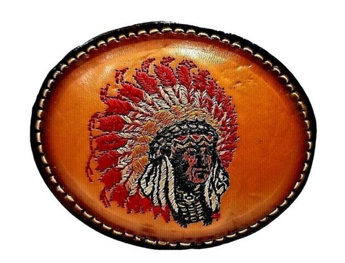 INDIAN CHIEF Belt BUCKLE Leather w/ White BUCKSTITCHING Vintage Native American - Picture 11 of 14