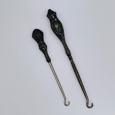 Antique Hooks Set of 2 Sterling Silver Handled Floral Shoe Puller Button Corset