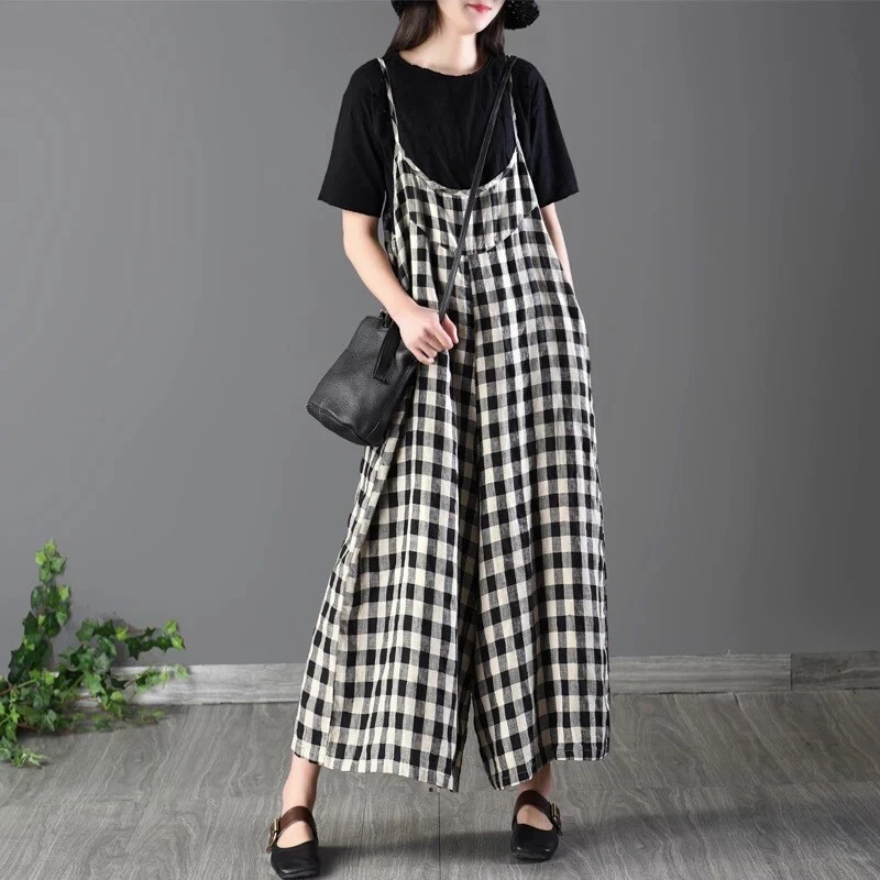 Women Loose Bib Pants Checked Suspenders Baggy Overalls Sleeveless Jumpsuit New - Image 2 of 4