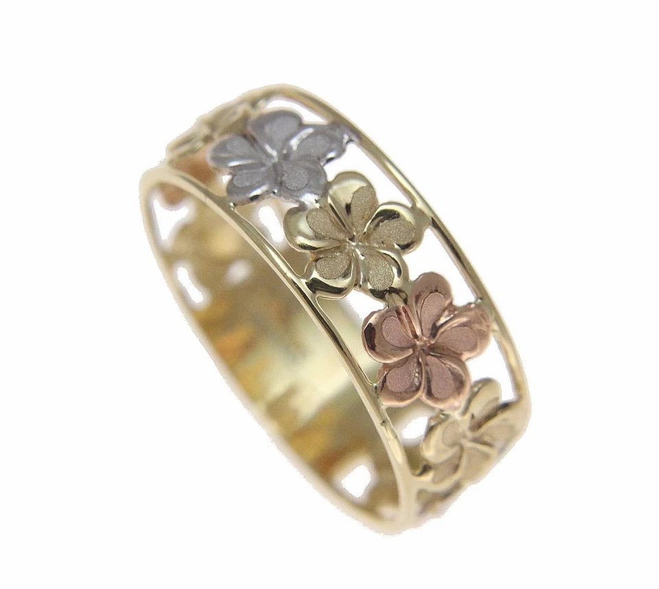 SOLID 14K YELLOW WHITE ROSE GOLD HAWAIIAN FANCY PLUMERIA FLOWER LEI RING 6.5MM - Image 2 of 4