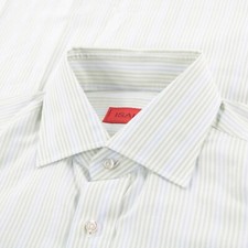 ISAIA NWOT Dress Shirt Size 15.75 40 Green Blue  White Striped 100 Cotton