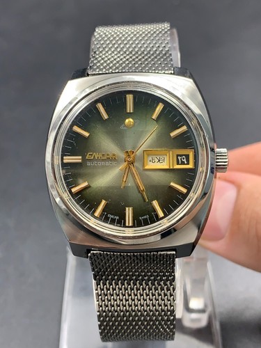 1970's Vintage Enicar Ocean Pearl Automatic Watch Green Dial Day Date Mens 35mm - Picture 14 of 24
