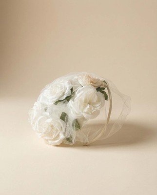 Vintage 1920s - 1950s Ivory Silk Flower Wedding Hat with Net Veil   Bridal