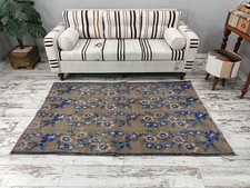 Floral Oushak Rug Vintage Handmade Turkish Wool 4.3x6.8 Feet Blue Hall