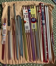 36 Knitting Needle Lot in Roll Up Fabric Holder Sizes 2 -13 Aluminum and Plastic