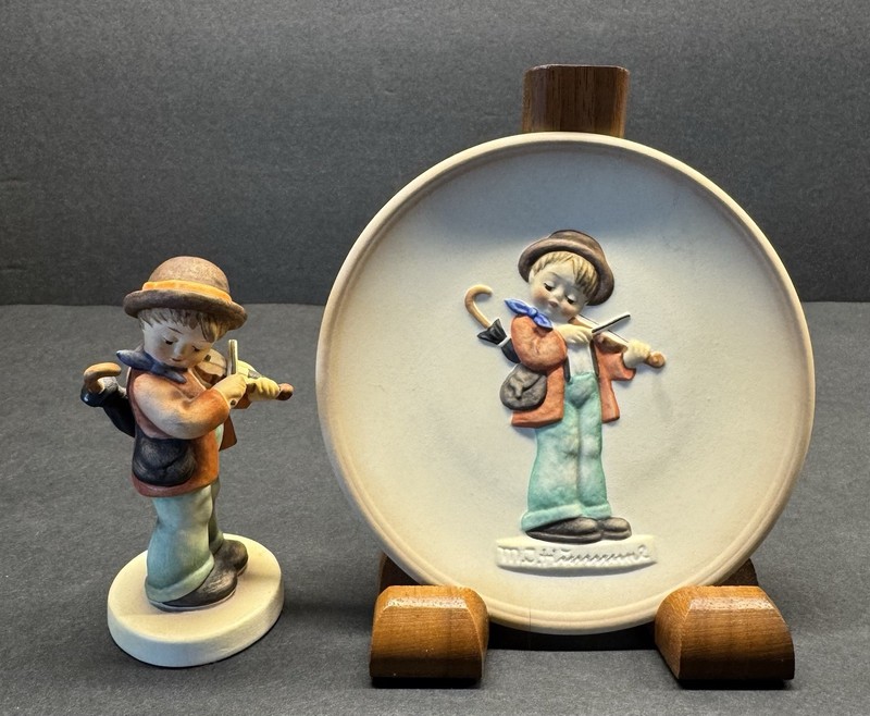 Vintage Hummel Figurine & Plate, Little Fiddler, HUM 2 4/0 & 744, TMK 6