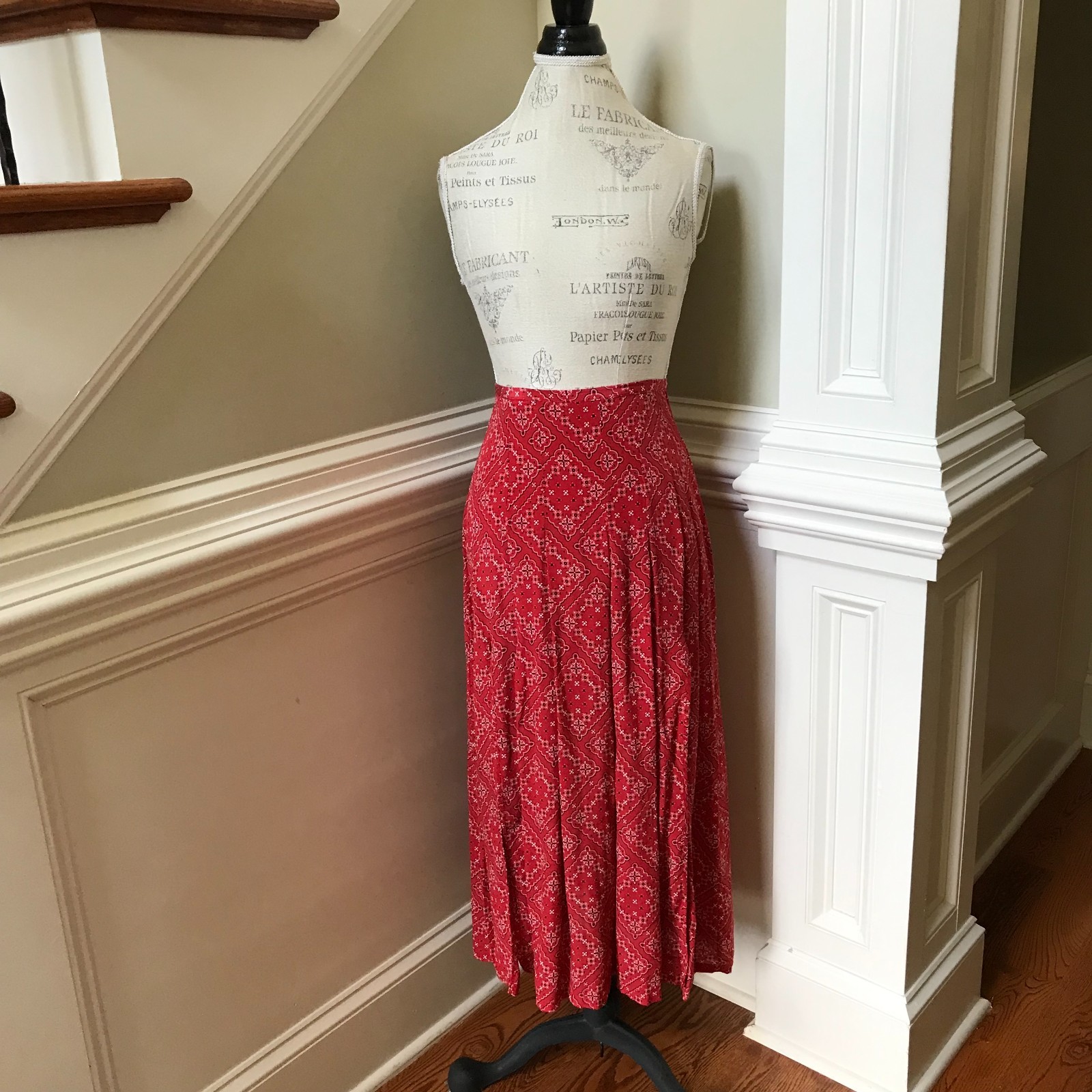 RIXO Georgia Print Midi Skirt Womens XS Red Black Silk Side Slit High Rise Waist image 3