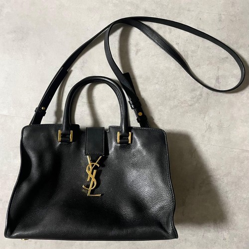 Ysl Saint Laurent Baby Cabas Shoulder Bag Black Leather Metal Fittings