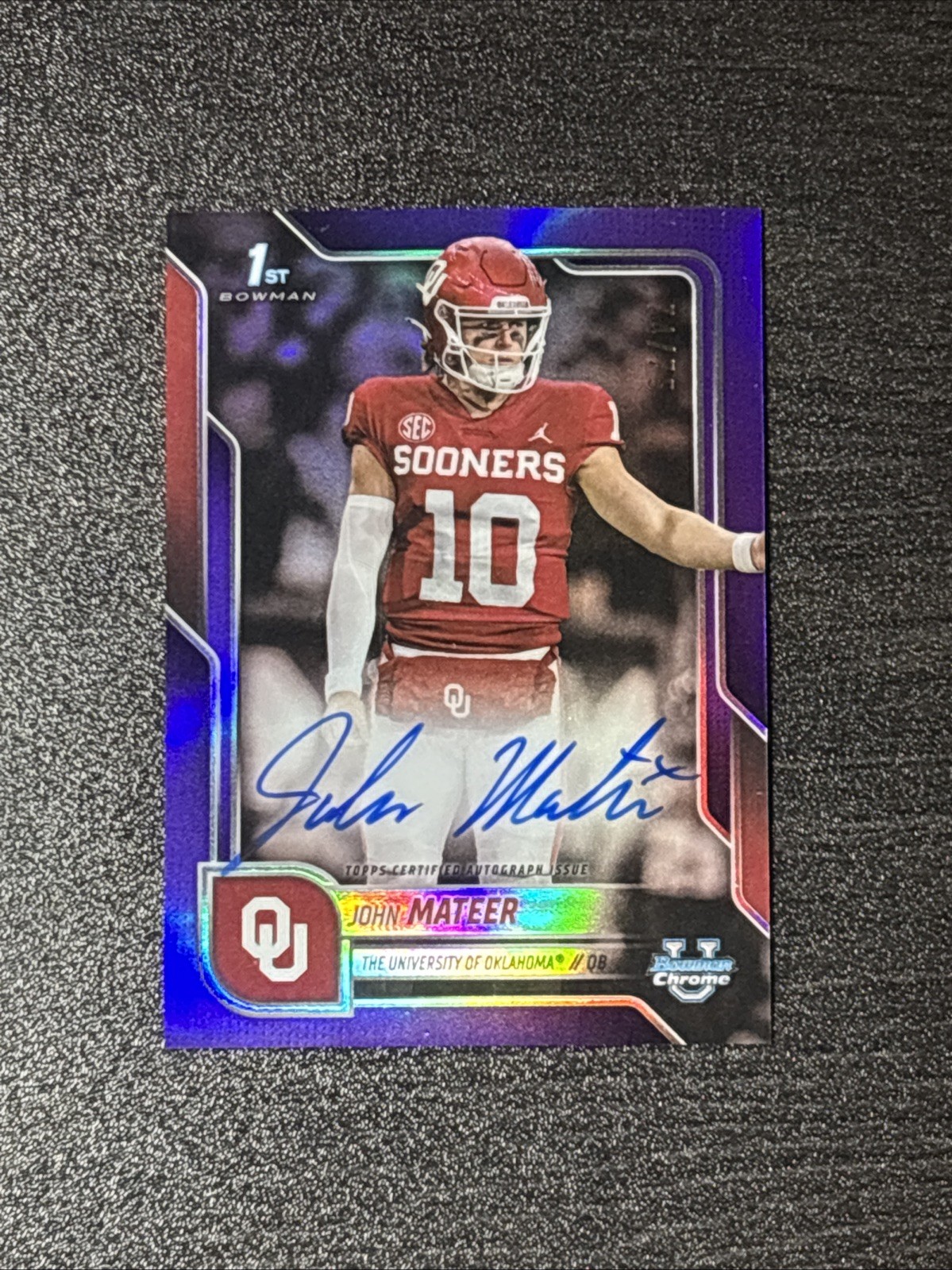 John Mateer Auto 2025 Bowman Chrome U 1st /75 Purple Refractor BCA-JM
