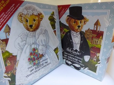 1985 Steiff Bride  Groom Teddy Bear Paper Doll Outfits 2 Box Sets Strong Museum