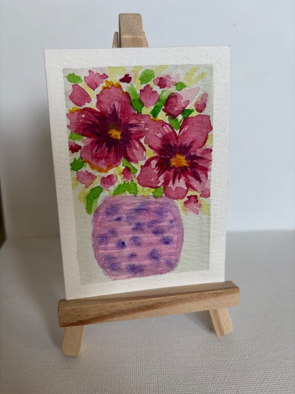 ACEO Original Hand Painted Red Pink Flowers Watercolor by TheArtsyDispatcher