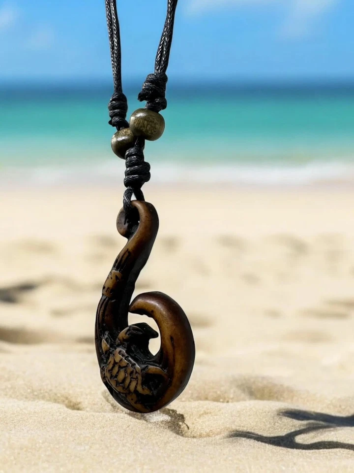 Wave Pendant Necklace – Turtle Carving | Resin Surfer Boho Jewelry Adjustable 18 - Image 2 of 4