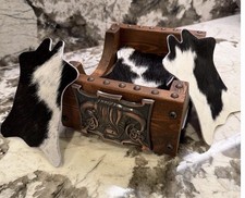 Set Of 12 Leather Cowhide Coasters With Rustic Wooden Holder Pewter Highland Cow