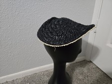 1950's Vintage Raffia Straw Hat Navy Blue With Beige Trim