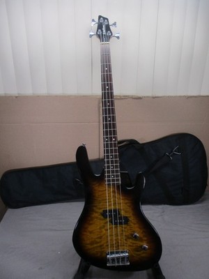 Washburn XB100 Bantam 4-String Electric Bass Guitar Quilted Tobacco Burst w/ Bag