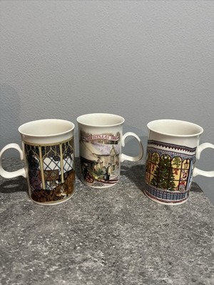 Dunoon Scotland LOT of 3 Mugs Christmas 1994 Cottages Winter Snow Shops Cats