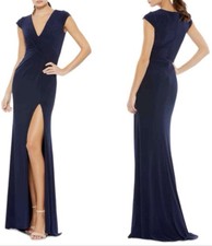Mac Duggal Cap Sleeve Twist Front Jersey Column Gown in Navy NWOT Size 8