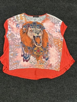 Janet Paris Shirt Womens M/L Orange Lion Graphic Lace Back Tunic Short Sleeve