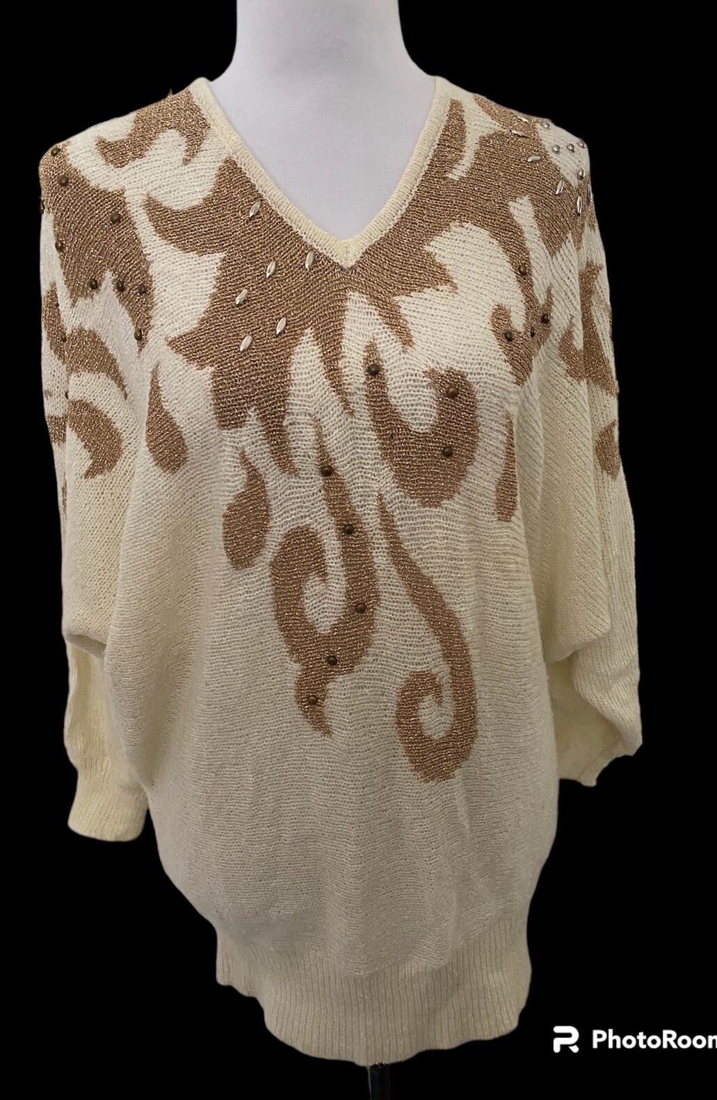 Cream patchwork sweater with gold metallic beaded scroll design and batwing sleeves