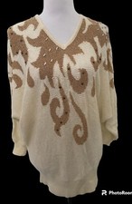Vtg Batwing Sweater V Neck Cream Patchwork Gold Metallic Beaded Wool Mob Wife L