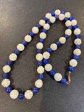 Vintage 14k Gold Clasp Carved Flower Round Lapis Beaded Long Necklace