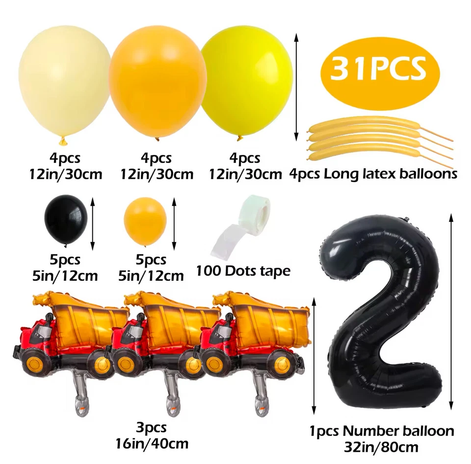 31 piezas 30" Número Negro Camión Excavadora Torre Cumpleaños Fiesta Constructor Decoraciones Foto 2 de 4