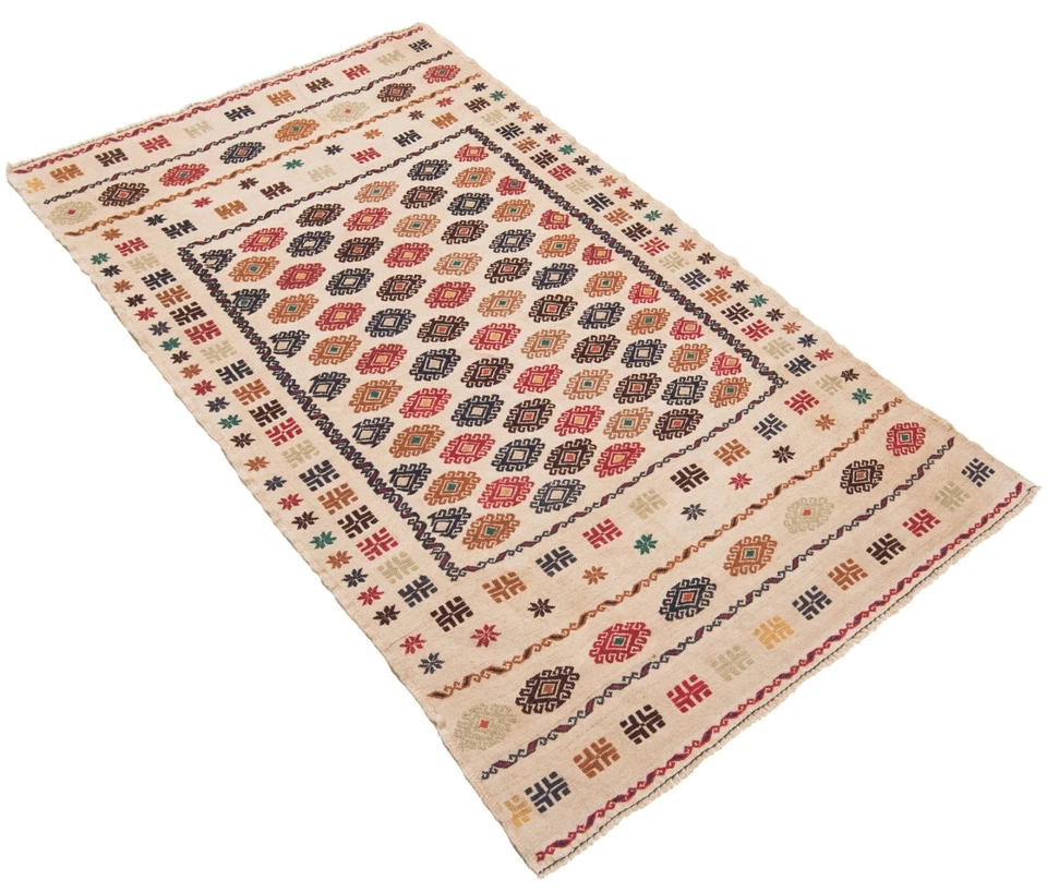 Kelim Sumach Handgewebter Orientteppich 190x110 cm-Nomadic,kilim,Soumak,Beige - Bild 3 von 4