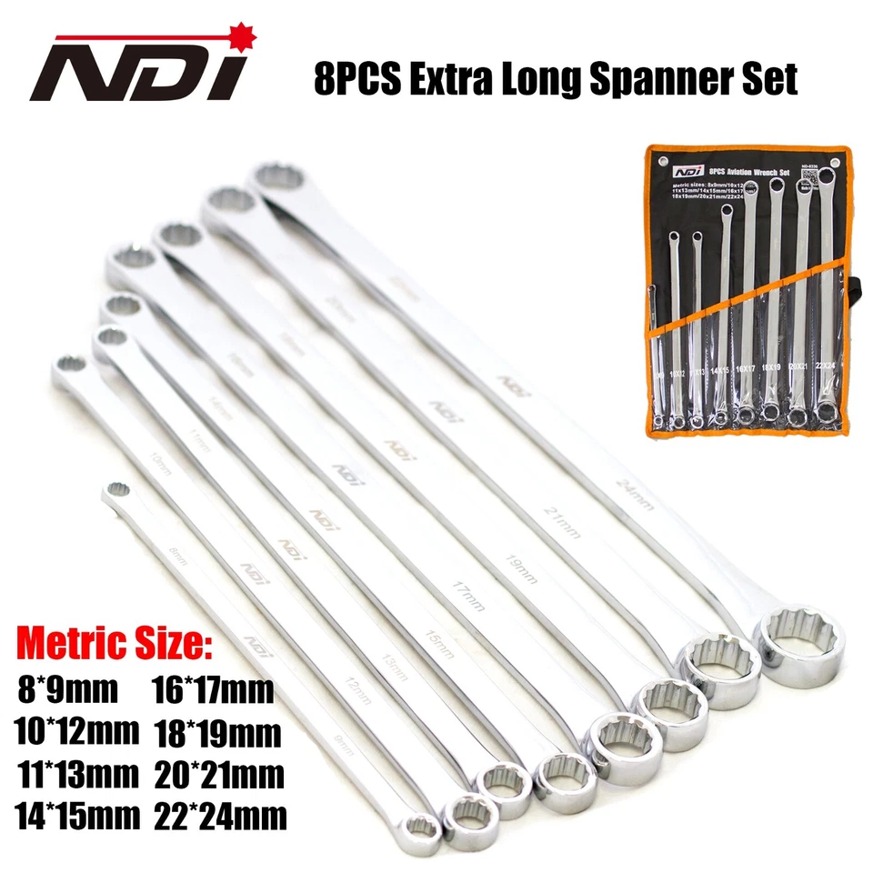 8 PCS Extra Long Aviation Spanner Set Double Ring Wrench 8-24mm + Pouch ND-0330