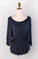 Trina Turk S Flutter Sleeve Smocked Elastic Waist Navy Blouse Made in the USA