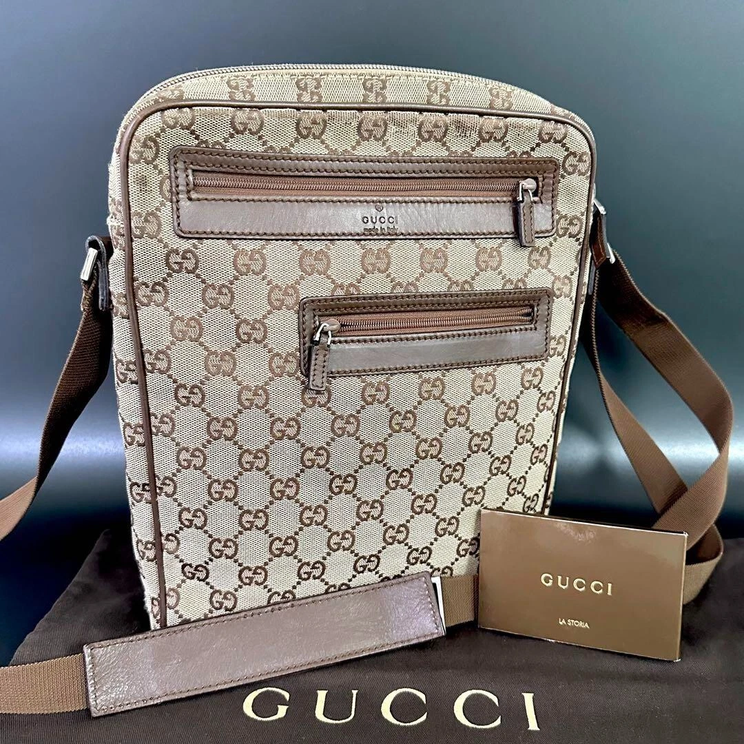 Gucci Beige GG Canvas Small Crossbody Messenger Bag Silver