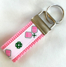Handmade PICKLEBALL MINI KEY CHAIN RIBBON/ Key Fob Pink Webbing, Luggage ID