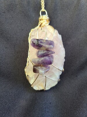 Rose Quartz And Amethyst Crystal Wire Wrapped Pendant Necklace 
