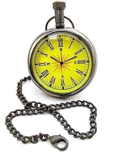 Nautical Antique Brass Pocket Watch 2" Yellow Dial Vintage Look W/Leather Box - Afbeelding 1 van 6