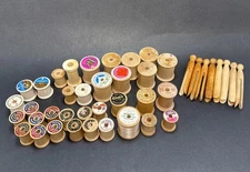 Vintage Wooden Sewing Thread Spools & Wooden Clothes Pins Lot Of 44