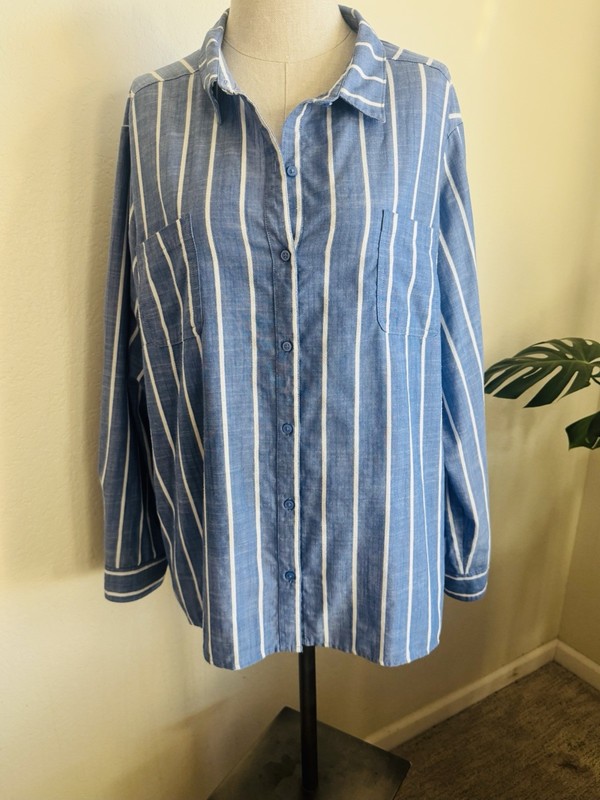 Riders by Lee Women's Blue White Striped Collared Long Sleeve Button-Up XXXL