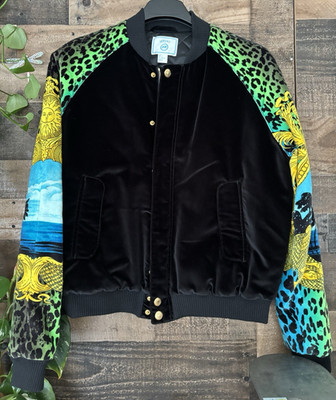 Versace x H&M Black Velvet Bomber Jacket Leopard Print Sleeves 8 Lg