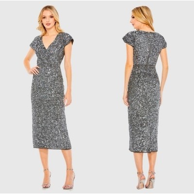 Mac Duggal 10766 Gray Silver Sequined Cap Sleeve Wrap Cocktail Dress Size 14