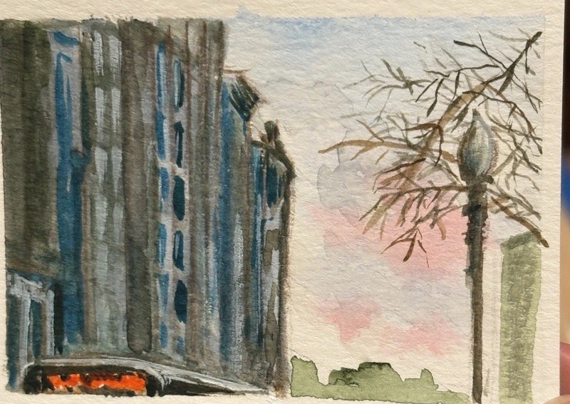 ACEO Mini Original Art By Nobuko, Sunset City, Watercolor, Boston