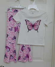 NEW 2pc Boutique White Purple Butterfly Top Flared Pants Set sz 5