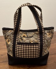 Longaberger Khaki Floral Check Quilted Small Bag Purse Black Tan Cottage Core