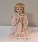 Vintage Praying Porcelain Girl Doll Blonde  Hair Pink Lace, Cross and mat 10" — photo 1