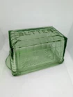 Block Optic Green Depression Vaseline Uranium Glass Covered Butter Dish Vintage