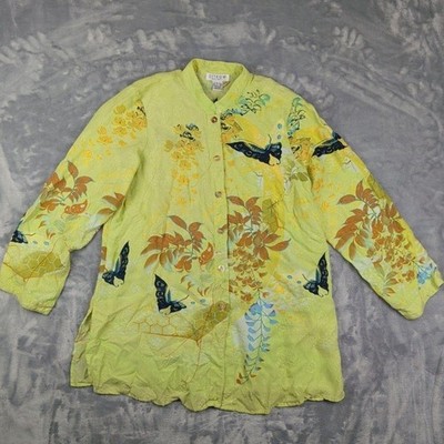 Citron Shirt Womens Large Green Silk Butterfly Floral Print Button Up Tunic Top