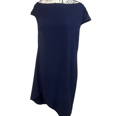 Halston Heritage Navy Blue Sleeveless Tulip Hem Shift Dress Boat Neck V-Back L