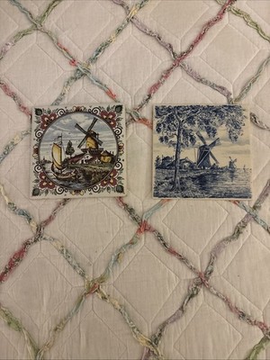 2 Delftware Windmill Trivets/Tiles From  Holland 6  x 6''