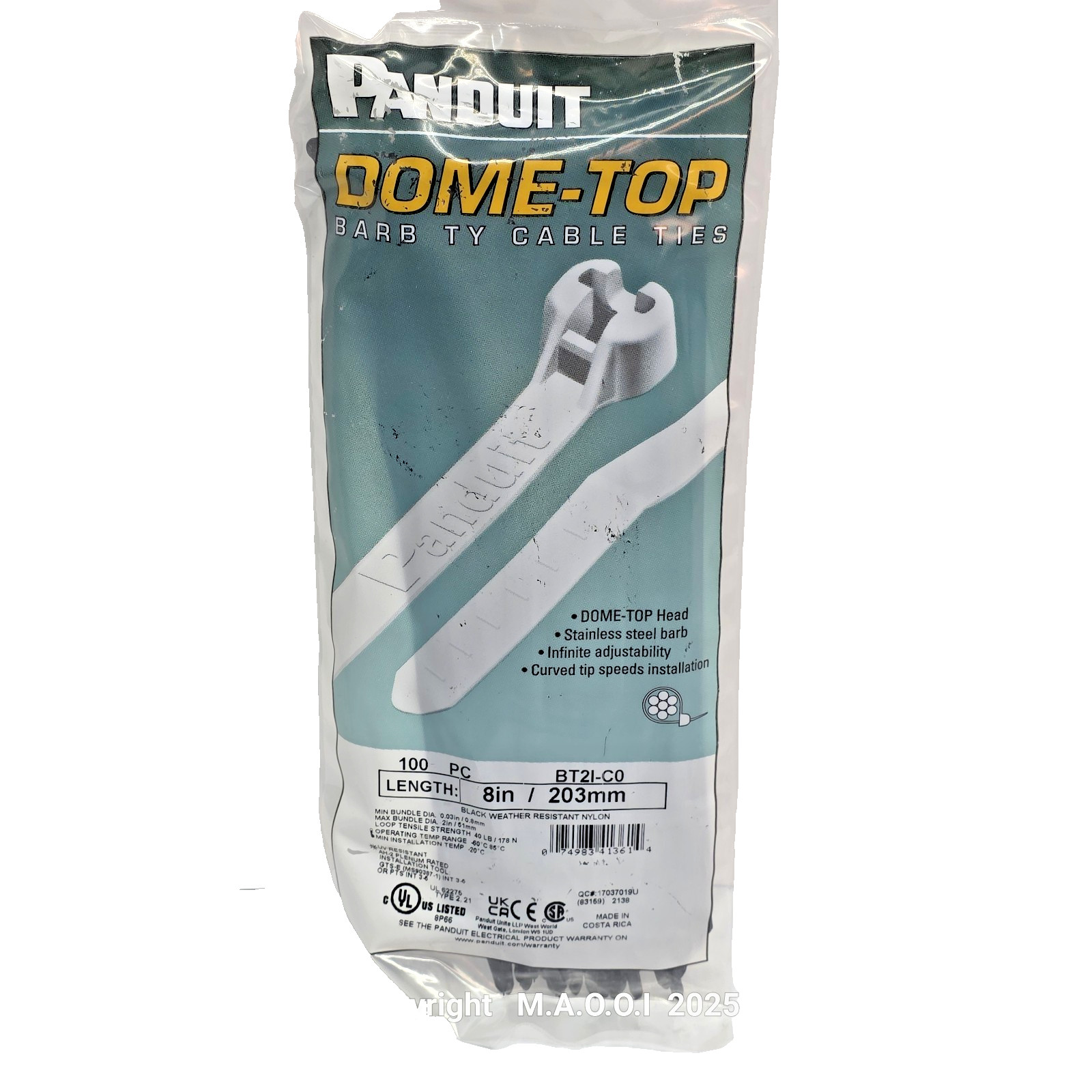 Bag of 100 Panduit BT2I-C0 Cable Tie, 8 In Long Black, Nylon 6/6 Dome Top
