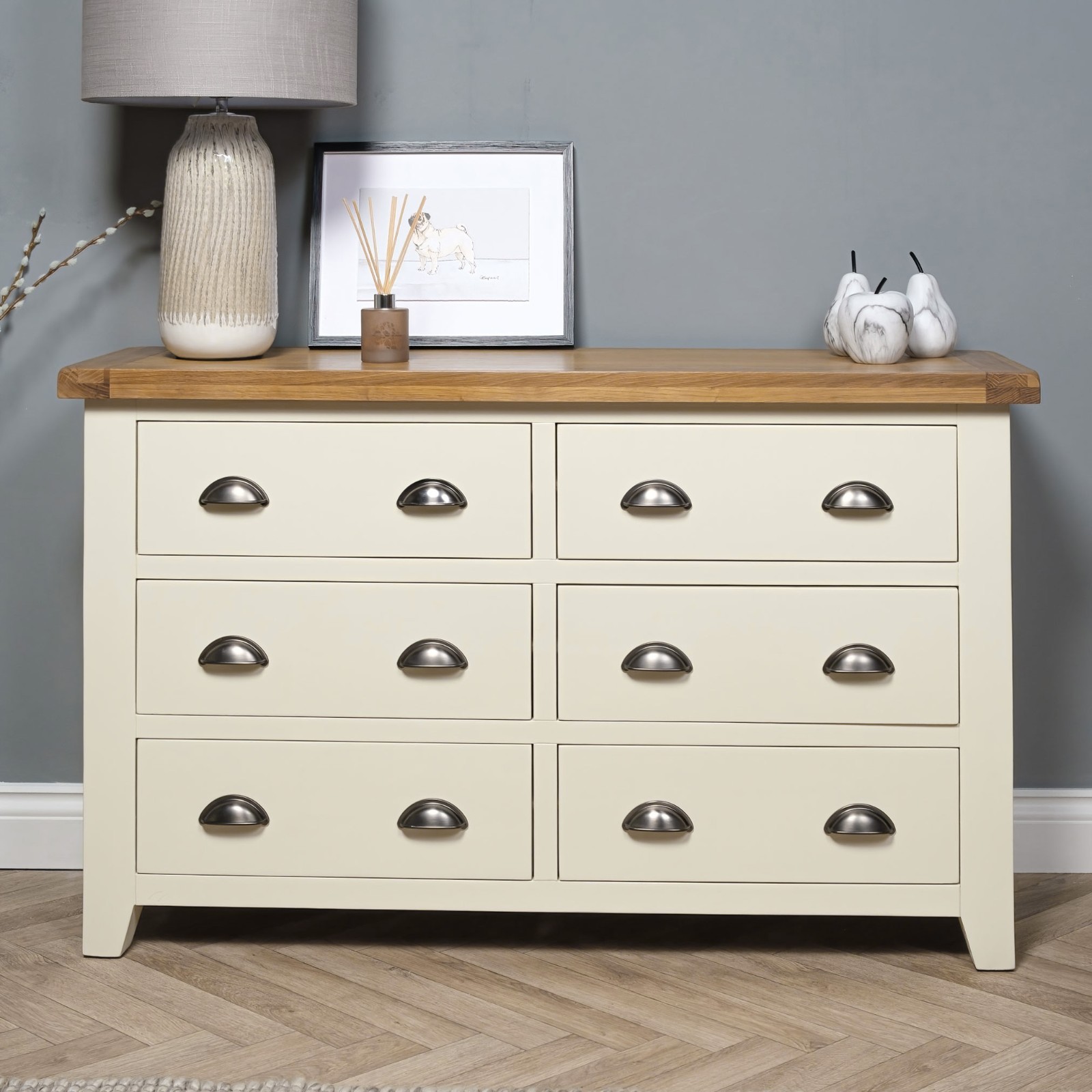 Painted Cream Oak Wide Chest Of 6 Drawers
