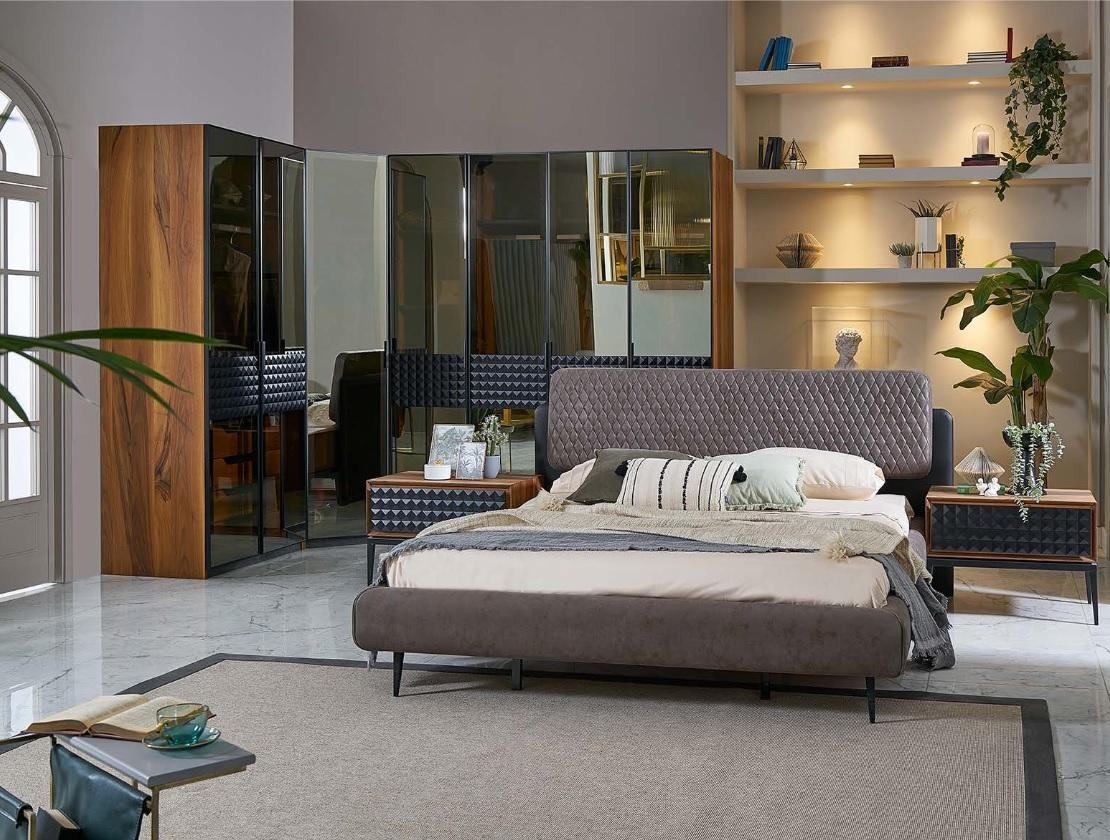 Bett Design Schlafzimmer Doppelbett Braun Holz Bettrahmen Set 4tlg