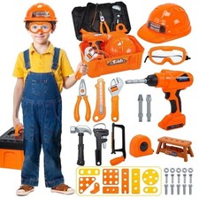 YELLOW - JOYSTONE 42PCS TOOL SET TODDLER BEGINNER TOOL BOX TOY CHAINSAW DRILL