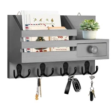 Key Holder Wall Mount, Wooden Adhesive and Key Organizer with Drawer, Small S...